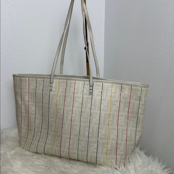 💯Authentic FENDI 
Zucca Spalmati Striped Large Roll Tote White Multicolor🍀 - Picture 3 of 15